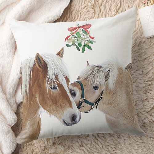 Horse Christmas Mistletoe Cute Ponies Equestrian Throw Pillow