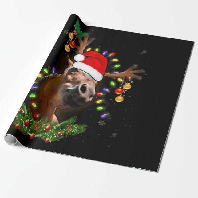 Horse Christmas Reindeer Lights Funny Horse Xmas Wrapping Paper (Unrolled)