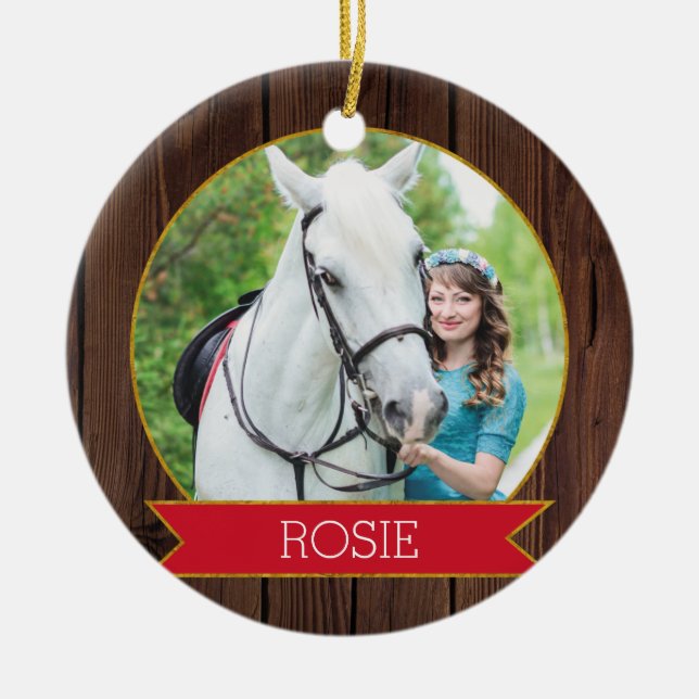 Horse Christmas rustic chic Custom Photo + Text Ceramic Ornament (Front)
