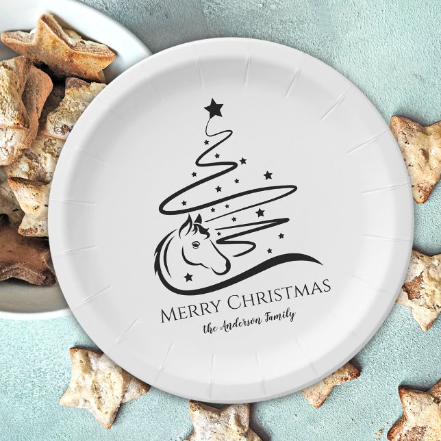 Horse Christmas tree black and white Equestrian Paper Plates (Horse Christmas tree paper plates, horse lover Christmas table decor, personalized)