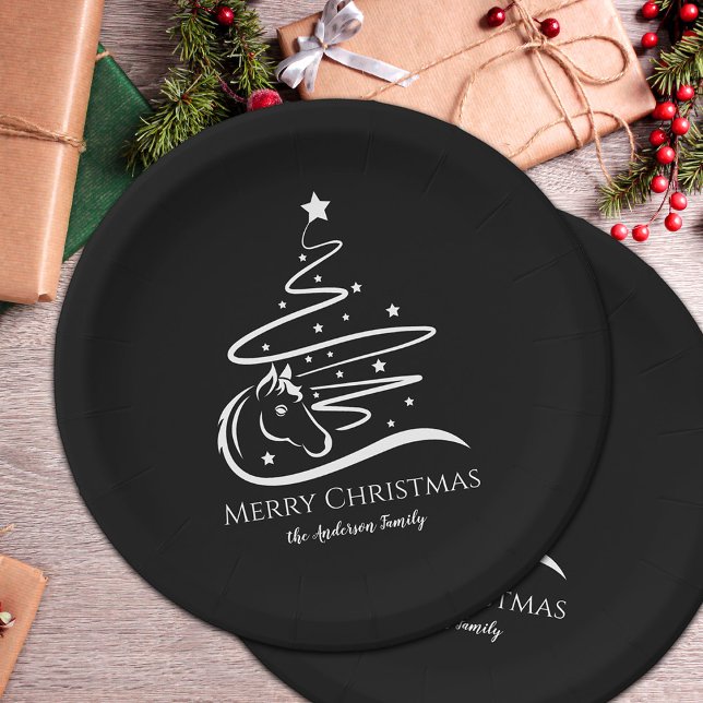 Horse Christmas tree black and white Equestrian Paper Plates (Horse Christmas tree black and white personalized paper plates for horse lovers)