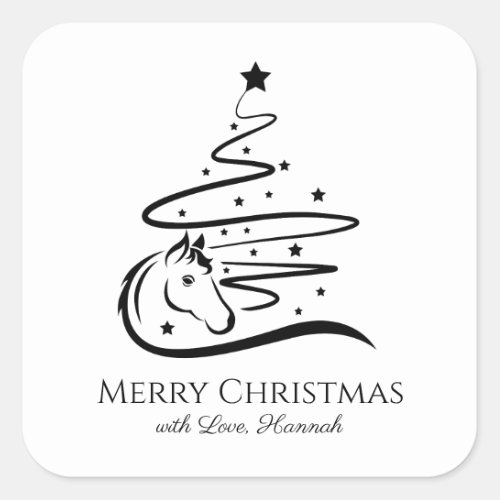 Horse Christmas tree black and white Equestrian Square Sticker