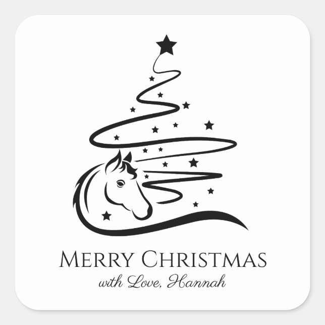 Horse Christmas tree black and white Equestrian Square Sticker (Front)