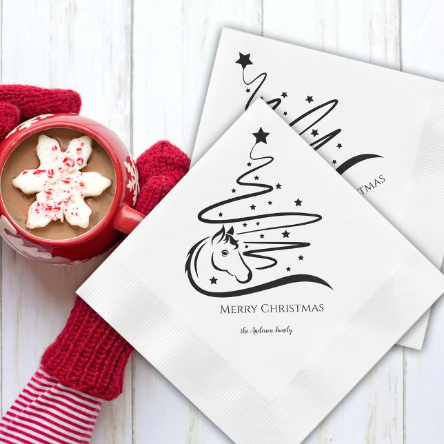 Horse Christmas tree black whiteEquestrian Napkins (Horse Christmas tree paper napkins with personalized text)