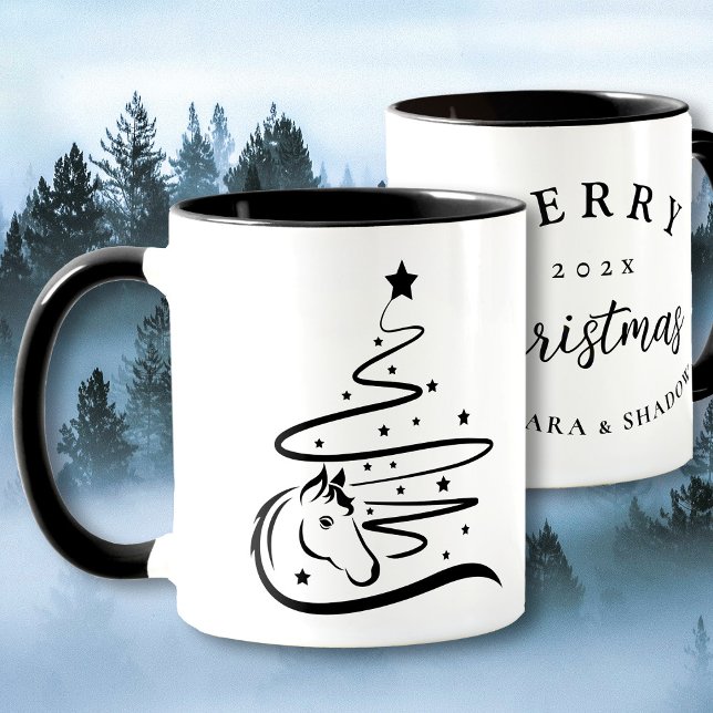 Horse Christmas tree Equestrian black and white Mug (Horse Christmas tree mug, vector art. )