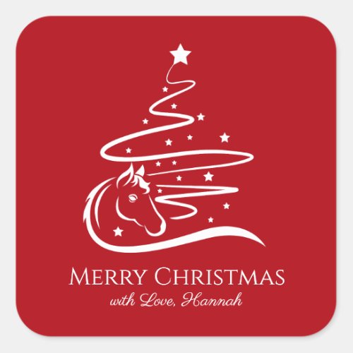 Horse Christmas tree Equestrian red white Square Sticker