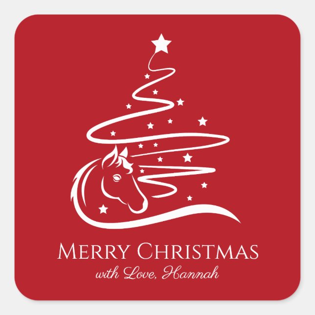 Horse Christmas tree Equestrian red white Square Sticker (Front)