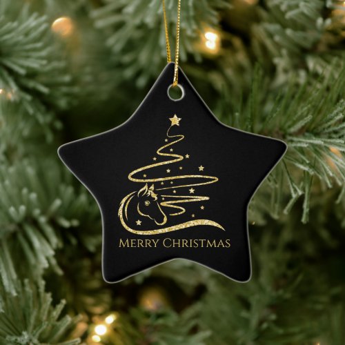 Horse Christmas tree gold glitter Equestrian Ceramic Ornament