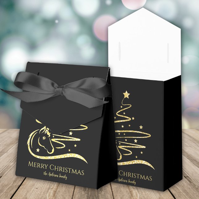 Horse Christmas tree Gold glitter Equestrian Favor Boxes (Horse Christmas tree gold glitter and black gift boxes, personalized,)