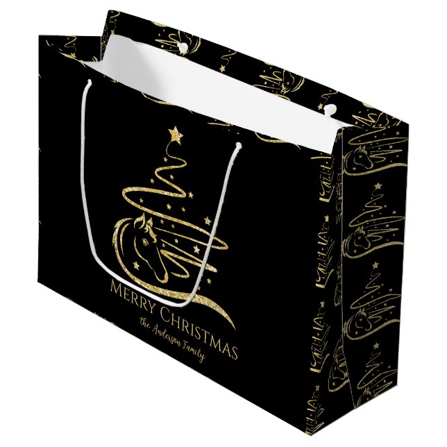 Horse Christmas tree Gold glitter Equestrian Large Gift Bag (Front Angled)