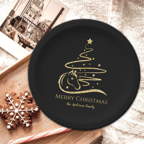 Horse Christmas tree Gold glitter Equestrian Paper Plates