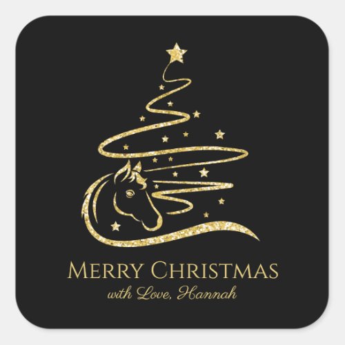 Horse Christmas tree Gold glitter Equestrian Square Sticker