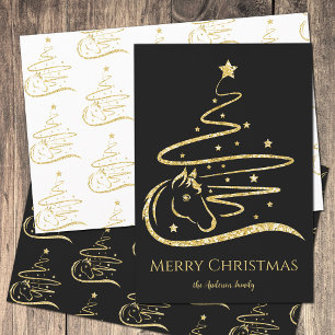 Horse Christmas tree Gold glitter Equestrian Wrapping Paper Sheets