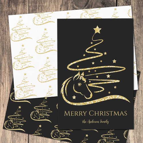 Horse Christmas tree Gold glitter Equestrian Wrapping Paper Sheets