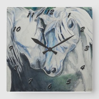 Horse Clock- Watercolor Style Square Wall Clock by PortraitsbyAbbyanna at Zazzle