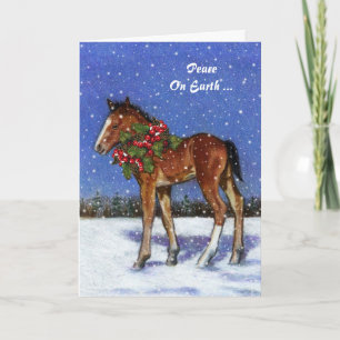 Horse, Colt in Snow With Christmas Holly: Peace Holiday Card
