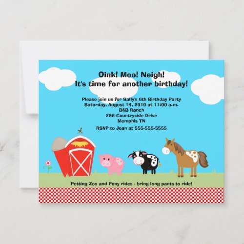 Horse, Cow &amp; Pig Barnyard Birthday Invitations