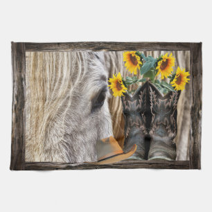 Horse Cowboy Boots Cowboy Hat Rustic Barn Board Kitchen Towel