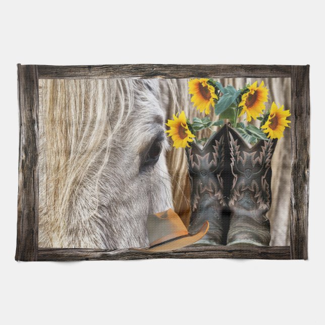 Horse Cowboy Boots Cowboy Hat Rustic Barn Board Kitchen Towel (Horizontal)