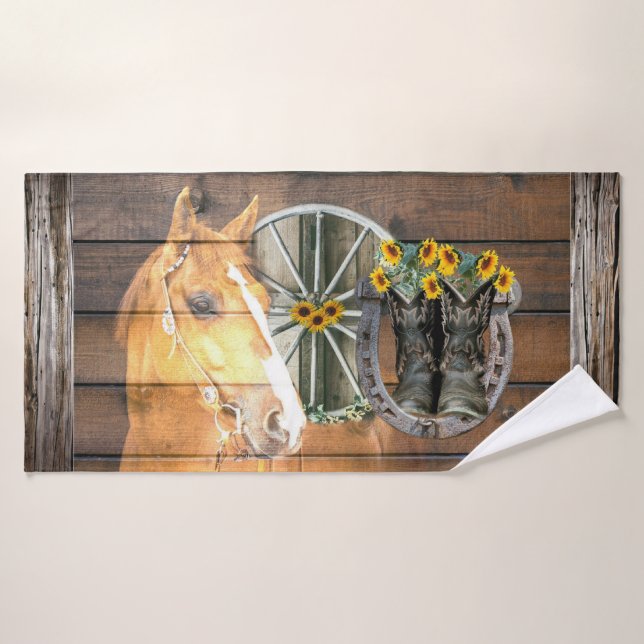 Horse Cowboy Boots Horseshoe Sunflowers Bath Towel Set (Bath Towel)