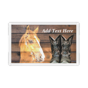 Horse Cowboy Boots Rustic Barn Board Acrylic Tray