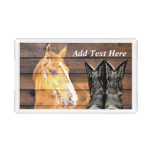 Horse Cowboy Boots Rustic Barn Board Acrylic Tray (Front)
