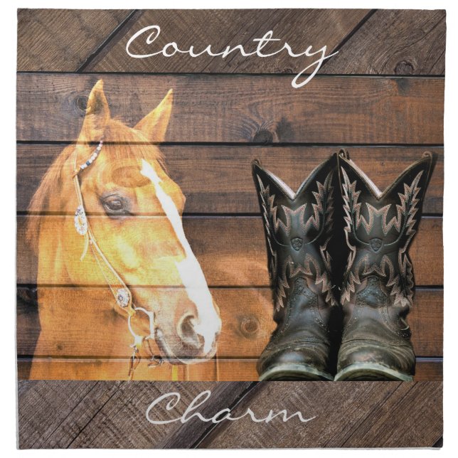 Horse Cowboy Boots Rustic Barn Board Cloth Napkin (Front)