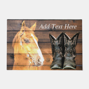 Horse Cowboy Boots Rustic Barn Board Doormat