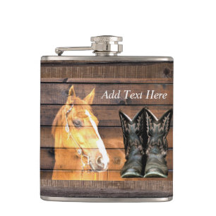 Horse Cowboy Boots Rustic Barn Board Flask