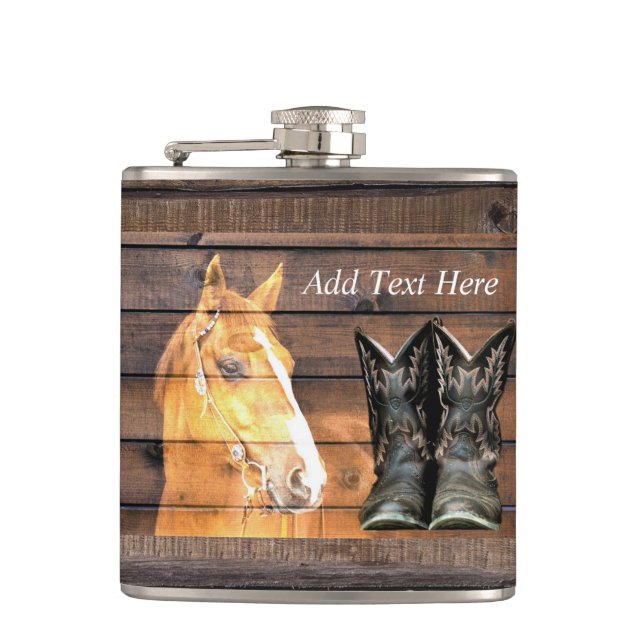 Horse Cowboy Boots Rustic Barn Board Flask (Front)