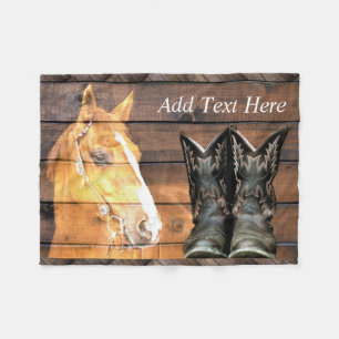 Horse Cowboy Boots Rustic Barn Board Fleece Blanket