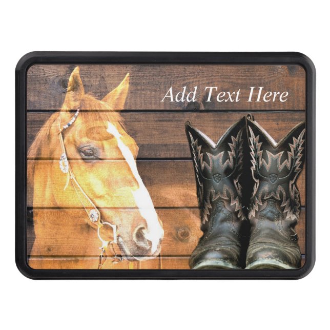 Horse Cowboy Boots Rustic Barn Board Hitch Cover (Front)