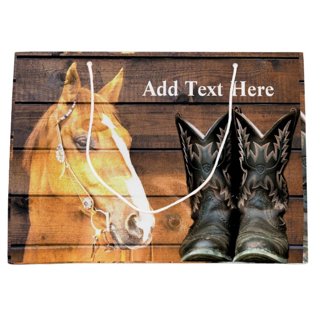 Horse Cowboy Boots Rustic Barn Board Large Gift Bag (Front)