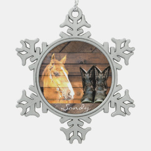 Horse Cowboy Boots Rustic Barn Board Snowflake Pewter Christmas Ornament