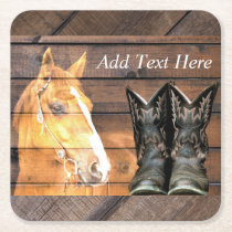 Horse Cowboy Boots Rustic Barn Board Square Paper Coaster