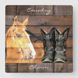 Horse Cowboy Boots Rustic Barn Board Square Wall Clock
