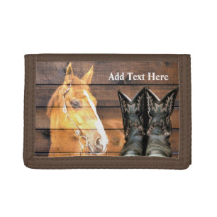 Horse Cowboy Boots Rustic Barn Board Trifold Wallet