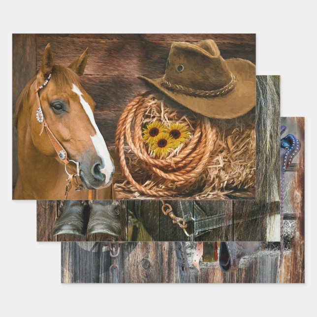 Horse Cowboy Boots Saddle Horseshoe Wrapping Paper Sheets (Set)