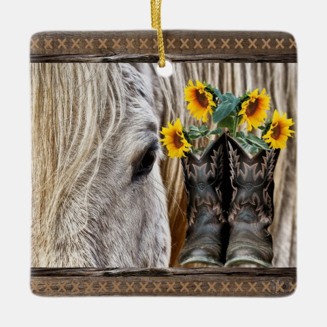 Horse Cowboy Boots Sunflowers Barn Board Ceramic Ornament (Front)