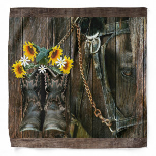 Horse Cowboy Boots Sunflowers Rustic Barn Board Bandana