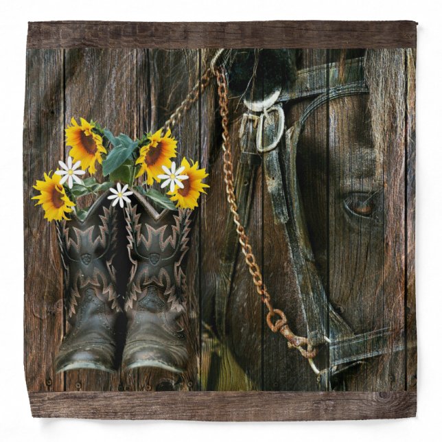 Horse Cowboy Boots Sunflowers Rustic Barn Board Bandana (Front)