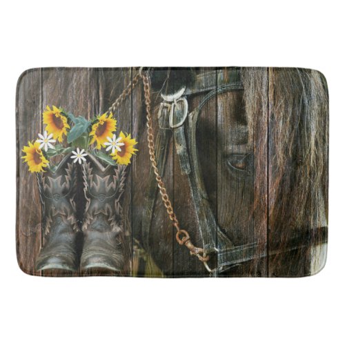Horse Cowboy Boots Sunflowers Rustic Barn Board Bath Mat