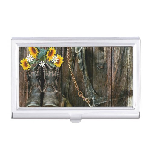 Horse Cowboy Boots Sunflowers Rustic Barn Board Business Card Case