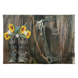 Horse Cowboy Boots Sunflowers Rustic Barn Board Cloth Placemat