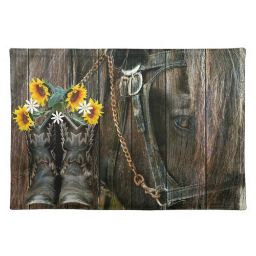 Horse Cowboy Boots Sunflowers Rustic Barn Board Cloth Placemat