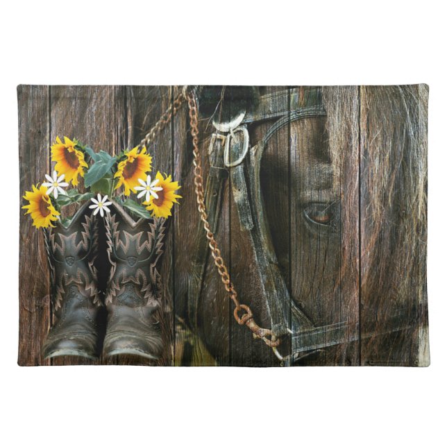 Horse Cowboy Boots Sunflowers Rustic Barn Board Cloth Placemat (Front)