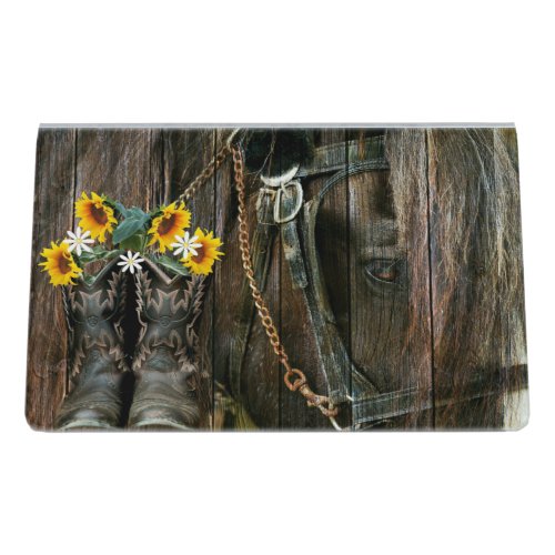Horse Cowboy Boots Sunflowers Rustic Barn Board Desk Business Card Holder
