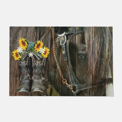 Horse Cowboy Boots Sunflowers Rustic Barn Board Doormat