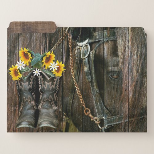 Horse Cowboy Boots Sunflowers Rustic Barn Board File Folder