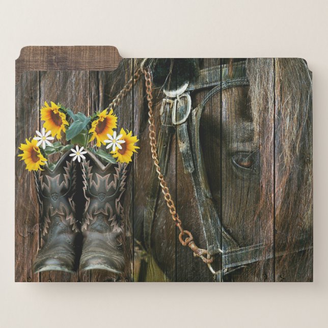 Horse Cowboy Boots Sunflowers Rustic Barn Board File Folder (Front Left)